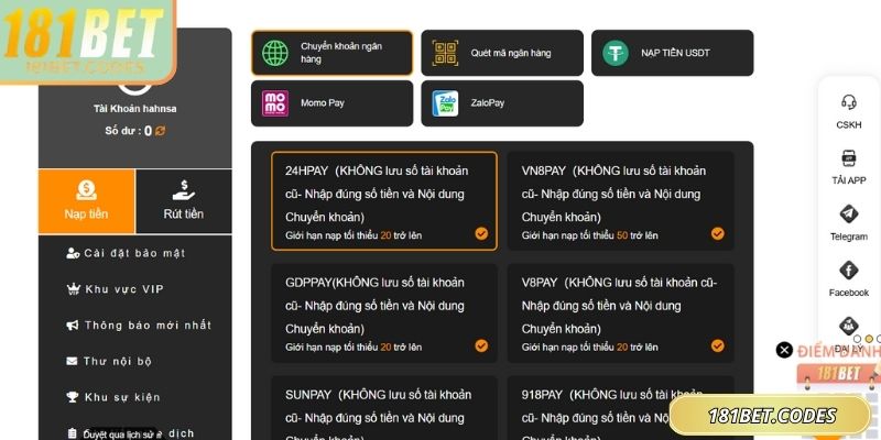 Nạp Rút Tiền 181bet 2 Nhiều phương thức giúp hội viên thực hiện nạp tiền an toàn